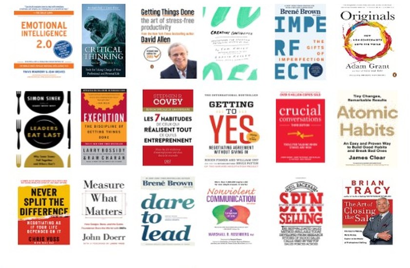 Bibliothèque de référence CrossBiz : Emotional Intelligence, Critical Thinking, Getting Things Done, The Gifts of Imperfection, Originals, Leaders Eat Last, Execution, Les 7 Habitudes, Getting to Yes, Crucial Conversations, Atomic Habits, Never Split the Difference, Measure What Matters, Dare to Lead, Nonviolent Communication, SPIN Selling, The Art of Closing the Sale…